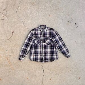 Vintage Distressed Plaid Flannel Jacket — Sherpa Lined | Grunge Workwear Vibes